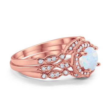 Halo Three Piece Wedding Rose Tone, Lab Created White Opal Ring 925 Sterling Silver